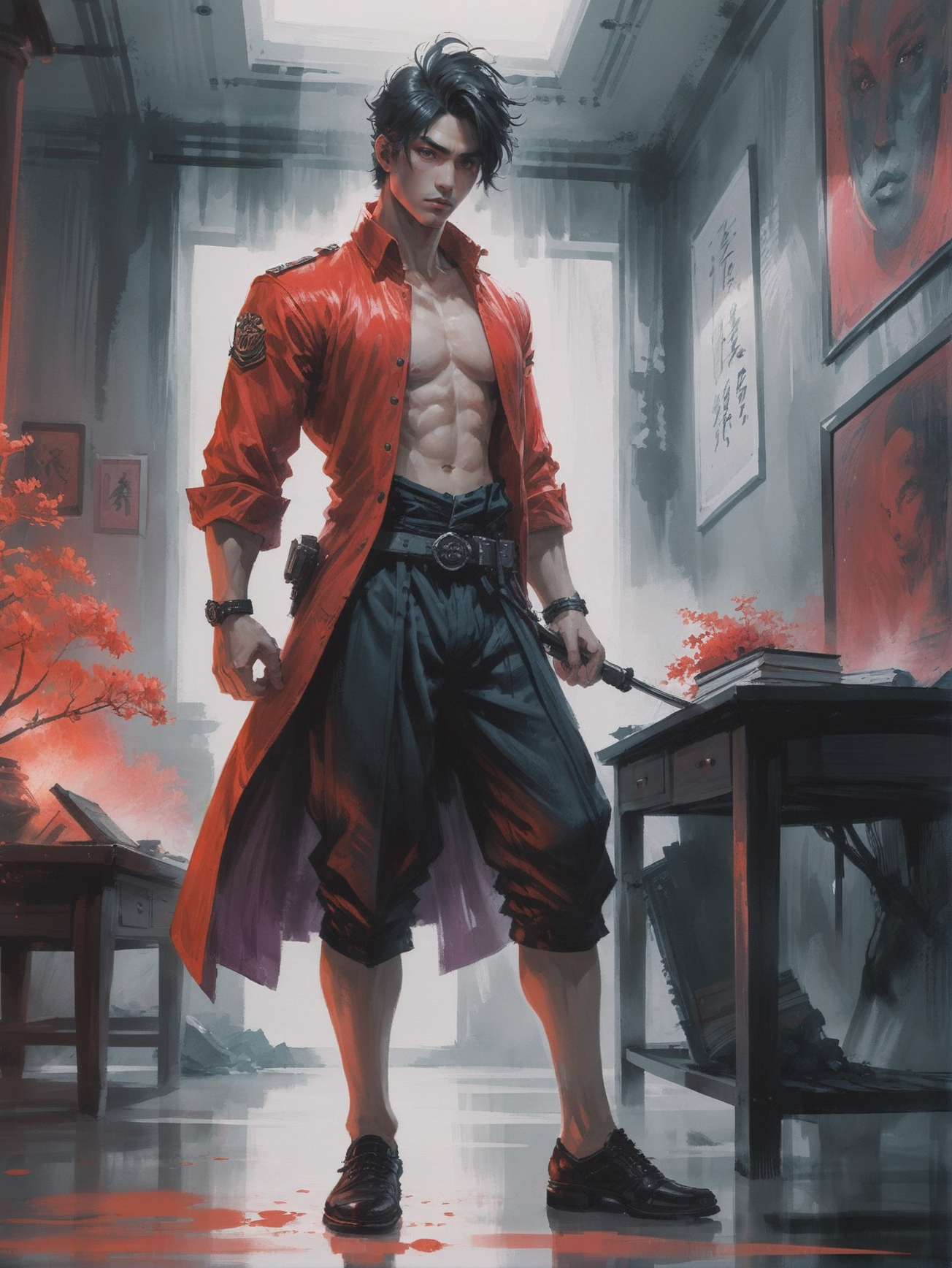 00685-1866973583-sumi-e_fusion_style_duotone_dark_lightcoral_and_glowing_red_digital_painting,_(full_body_1.2),_1boy,_man,_handsome,_solo,_[_form.webp